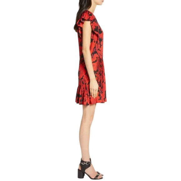Rebecca Minkoff Mini Dress Large Red Flutter Sleeve Floral Pleated Ruffle Sz S - Picture 3 of 13